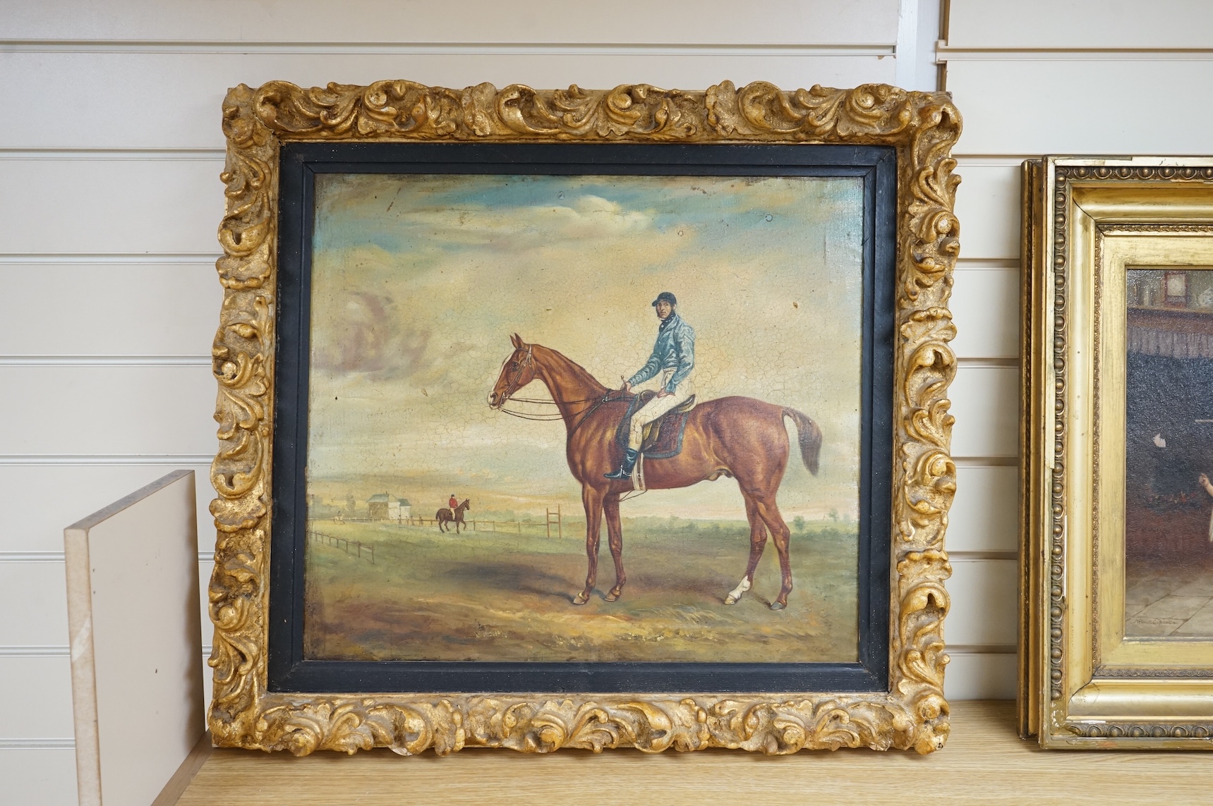 A decorative varnished oleograph, Jockey on horseback, horse racing interest, Studio M Canal stamp verso, 45 x 51cm, gilt framed